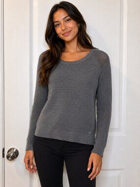 Guess Gray Ribbed Open-Knit Shoulder Crew Sweater